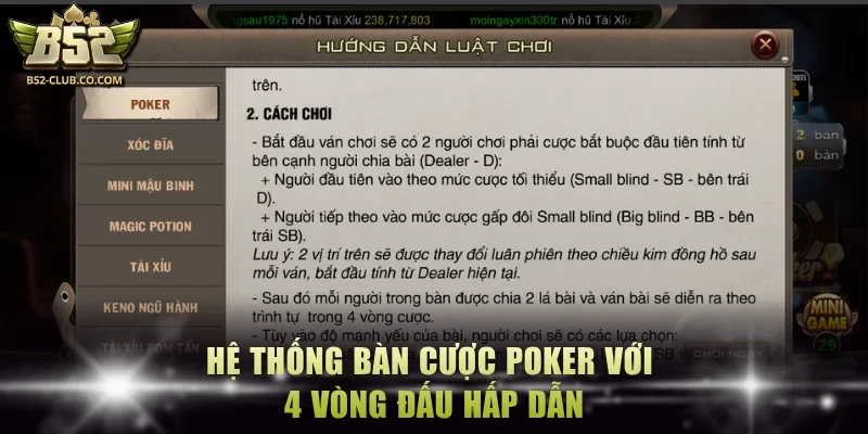 Hệ thống bàn cược Poker với 4 vòng đấu hấp dẫn Hệ thống bàn cược Poker với 4 vòng đấu hấp dẫn